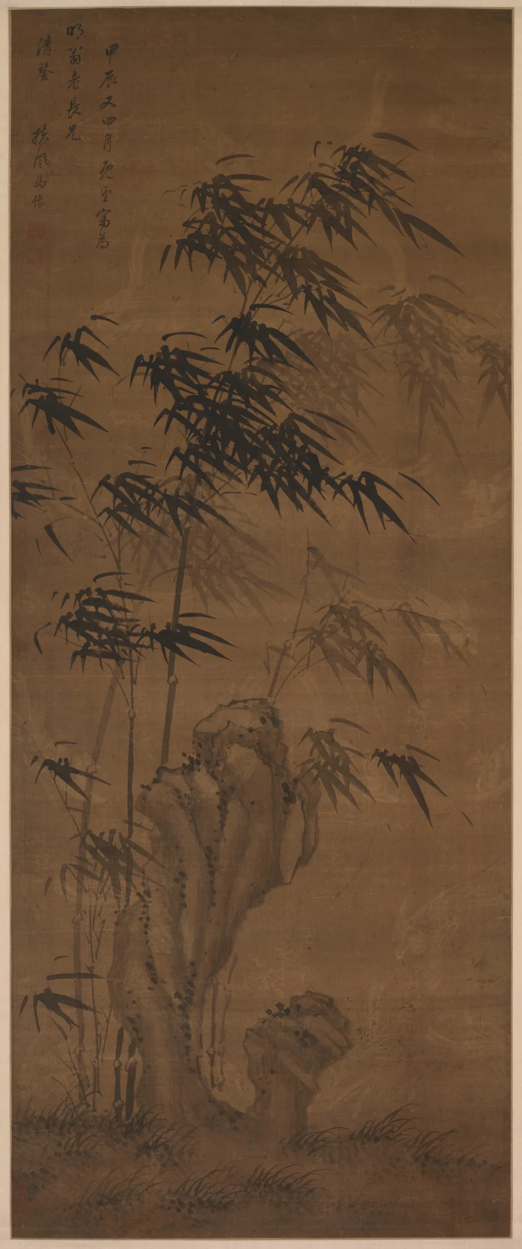 马豫《风竹图》，竹枝与山石的水墨立轴